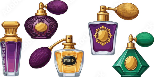 A collection of elegant perfume bottles with vintage designs and golden accents.
