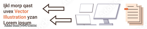 Digital communication, file sharing, data transfer, technology processes, productivity, workflow. Arrows pointing to devices and documents. Data transfer and file-sharing
