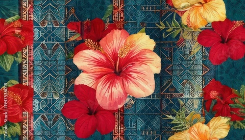 Vibrant floral pattern with hibiscus flowers on a textured background.