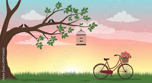 Red bicycle with flower basket under tree at sunset with birdcage and birds
