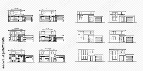 Set of various house plans and architectural blueprints for modern and traditional homes, illustrating different building designs.