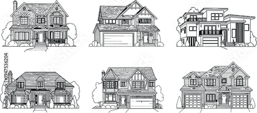 A collection of six detailed black and white line art illustrations showcasing various residential house architectural styles and designs.