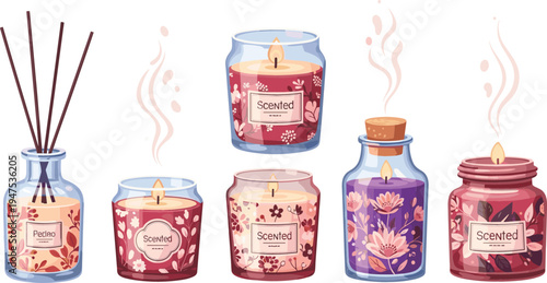 A collection of scented candles and reed diffusers with floral designs in various containers.