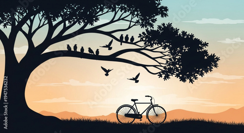 Silhouette of bicycle under tree with birds at sunset serene landscape with mountains