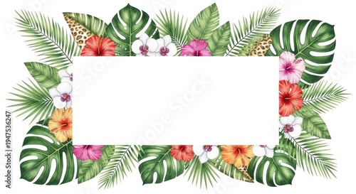 A vibrant tropical landscape with lush green foliage, exotic flowers, and a majestic waterfall cascading down a rocky cliff.