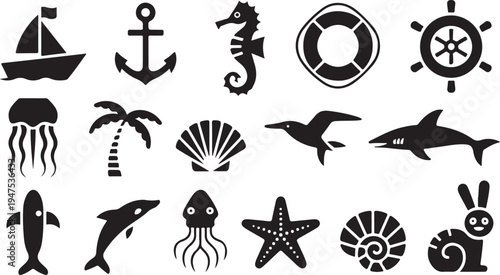 Marine and Nautical Elements Collection with Sea Life and Ocean Navigation Icons