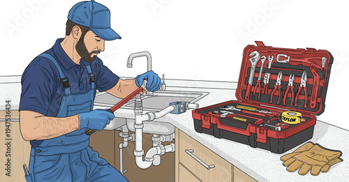 A male plumber fixing pipes under a kitchen sink with tools from his toolbox.