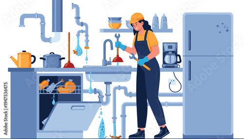 A female plumber fixing a kitchen sink with a wrench, surrounded by pipes and kitchen appliances.