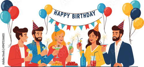 A group of friends celebrating a birthday with drinks, party hats, and balloons under a 'Happy Birthday' banner.
