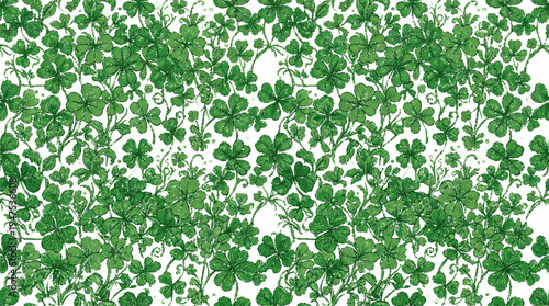 Vibrant green clover leaves seamless pattern on white background detailed texture