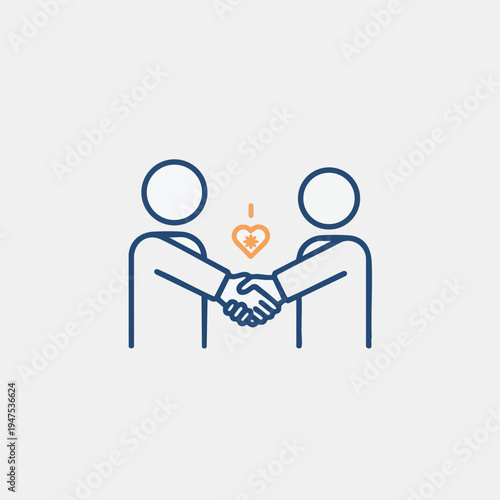 Two stylized figures shake hands with a stylized heart between them
