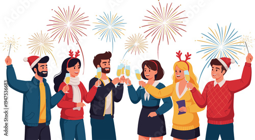 "A group of friends celebrating with fireworks and drinks, wearing festive holiday attire."