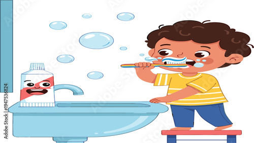 A young boy brushing his teeth in the bathroom, with bubbles and a funny toothpaste character