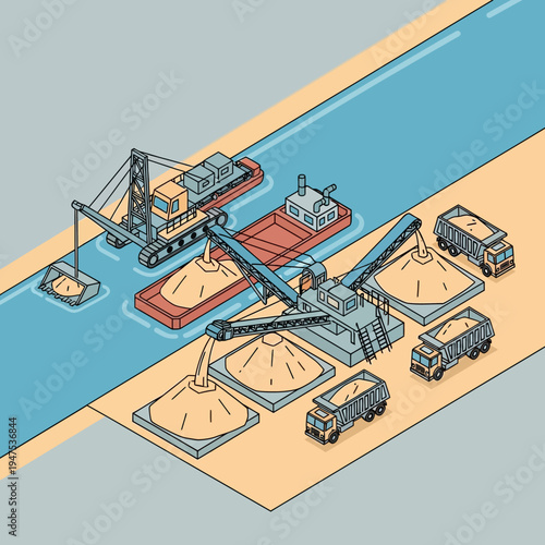 Isometric illustration of a dredging operation, showing machinery and transport of materials.