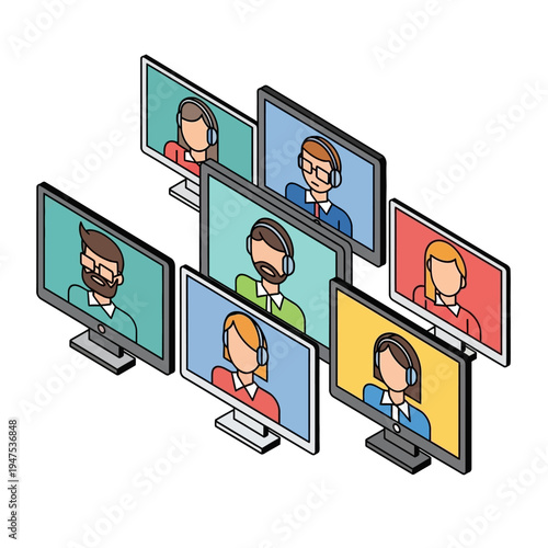 Illustration depicting a video conference call with multiple participants on computer screens.