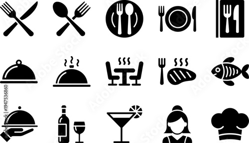 Professional Restaurant and Dining Glyph Icon Set Featuring Kitchen Tools, Food Service, Cutlery, Chef Equipment, and Hospitality Pictograms for Web Design