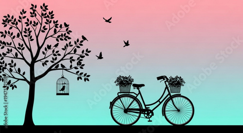 Silhouette of bicycle with flower baskets under tree with birdcage at sunset