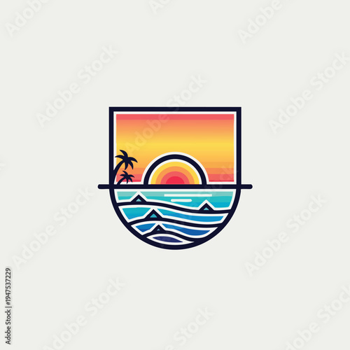 Stylized sunset over ocean waves with palm trees, enclosed in a frame