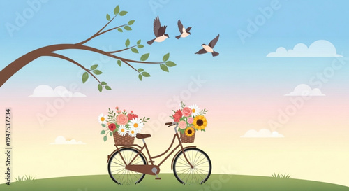 Bicycle with flower baskets on green hill tree branch and flying birds at sunset
