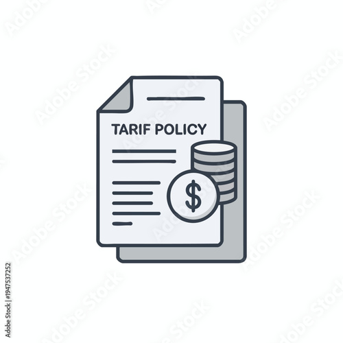 Document d "Tarif Policy" alongside a stack of coins with a dollar sign