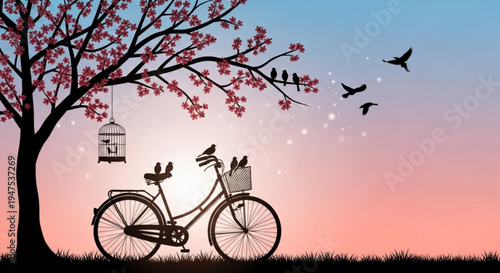 Silhouette of bicycle under blooming cherry blossom tree at sunset with birds flying and perched