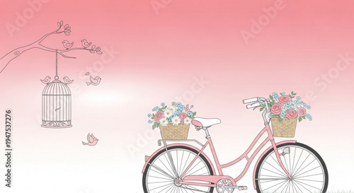 Pink bicycle with flower baskets on pink background with birdcage and butterflies