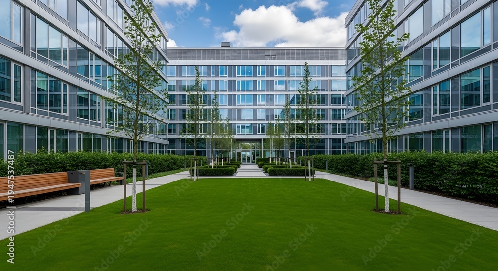 Naklejka premium Modern office building courtyard with green lawn and trees