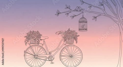 Vintage bicycle with flower baskets against a serene sunset background tree branch with birdcage