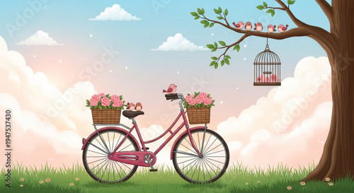 Pink bicycle with flower baskets under a tree with a birdcage green grass and blue sky with clouds