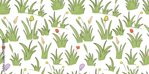 whimsical Easter with green grass meadow seamless patterns Hand drawn Naive sketch style spring pastel illustrations backgrounds for Easter greeting cards, nursery decor.