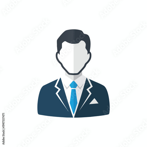 Flat icon of a man in a dark suit and blue tie, faceless