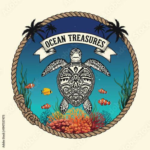 Tribal turtle swims in vibrant coral reef, framed by rope and palm trees