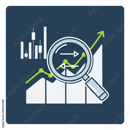 Magnifying glass inspects upward trending stock chart with bars