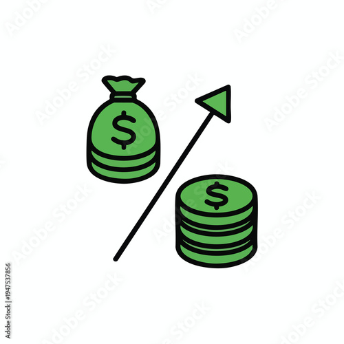 Green money bag and coins with upward arrow indicating growth