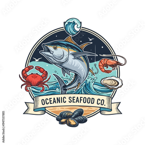 Dynamic seafood logo featuring a tuna jumping in waves with crab, shrimp, oyster, mussels