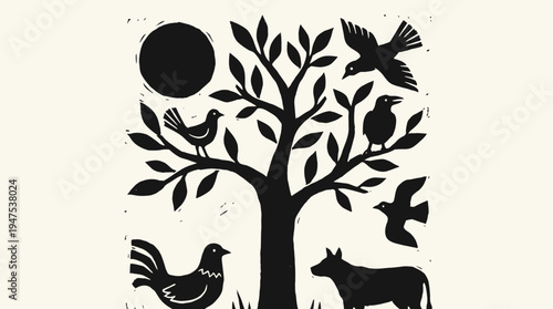 Rustic Folk Art Linocut Illustration of a Tree of Life with Birds, Rooster, and Cow; Black and White Minimalist Woodblock Print Graphic on Paper Texture