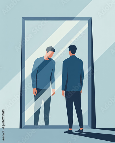 Minimalist flat illustration of confident person with small fragile reflection showing self doubt