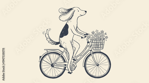 Whimsical Hand-Drawn Illustration of a Cute Dog Riding a Vintage Bicycle with a Basket of Flowers, Minimalist Line Art Sketch