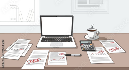 Preparing for Tax Day with essential paperwork, calculator, and laptop on a busy office desk setup, symbolizing financial management and accounting tasks