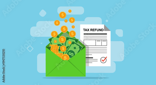 Celebrating a successful Tax day with a substantial refund received in an overflowing envelope, bringing financial relief and unexpected gains