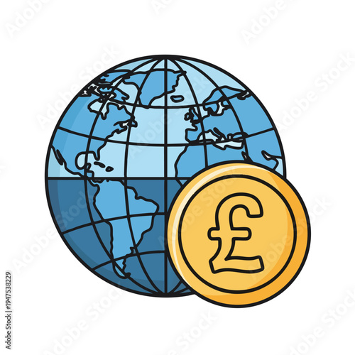 Stylized globe with pound sterling coin, symbolizing international finance