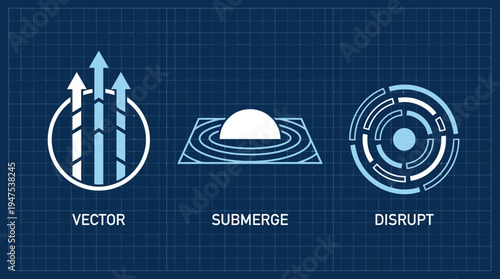 Set of Minimalist Technology Concept Icons Vector Submerge Disrupt on Blueprint Background for Business and Innovation Infographics