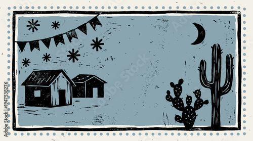 Brazilian Cordel Style Linocut Illustration of a Desert Night Scene with Houses, Cacti, Crescent Moon, and Festive Bunting
