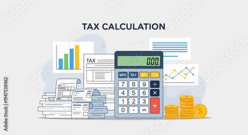 Streamlined financial planning for Tax day Illustrative representation of accounting, budget management, and income calculation with detailed reports and money