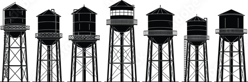 Collection of vintage industrial water tower silhouettes on metal stands isolated on white background for rural landscape and urban infrastructure projects