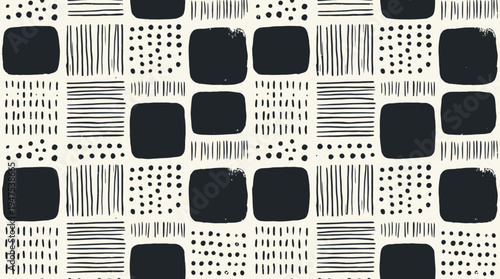 Seamless Minimalist Hand-Drawn Geometric Pattern with Black Squares, Dots, and Lines