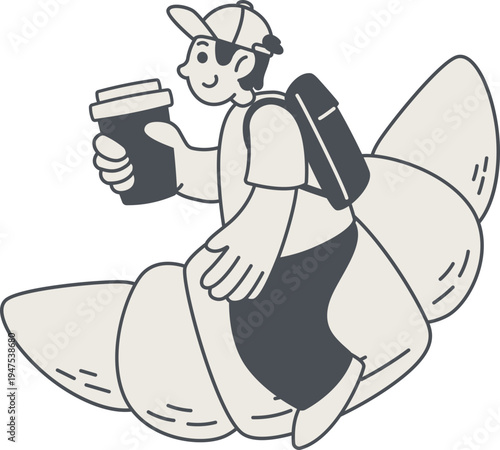 Cheerful Boy With Croissant and Coffee In Notion Doodle Art