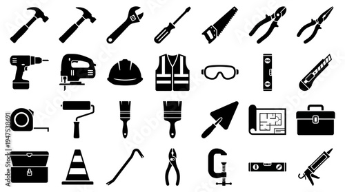 Construction and Home Improvement Tools Icon Set - Vector DIY Repair Equipment Symbols for Building and Renovation Projects