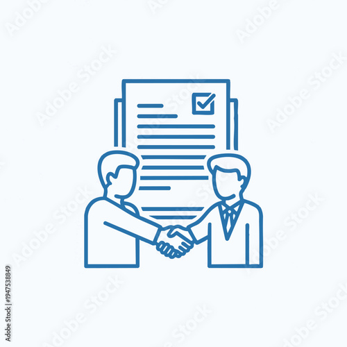 Two people shake hands in front of a document with a checkmark