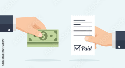 Timely transaction on Tax day Hand exchanging cash for a paid bill, symbolizing financial responsibility and settling obligations before the deadline